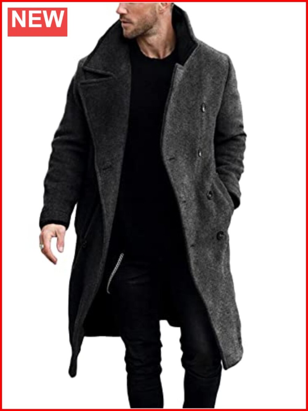 Mens Double Breasted Trench Coat Wool Blend Overcoat Business Winter Long Sleeve